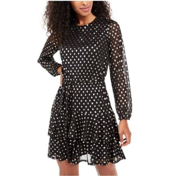 NWT City Studio Black & Metallic Gold Polka Dots Ruffled Fit & Flare Dress Black - Picture 2 of 16